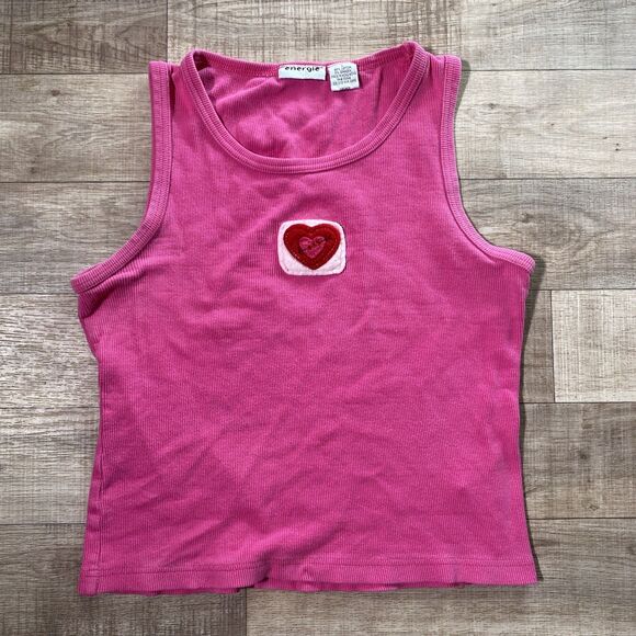 VTG Y2K Energie Mall Goth Baby Tee Tank Top L Fitted Heart Embroidered - Picture 1 of 8